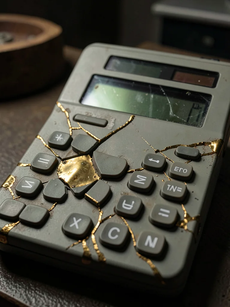 Vintage calculator with sun-damaged LCD, housing repaired with brass at impact p