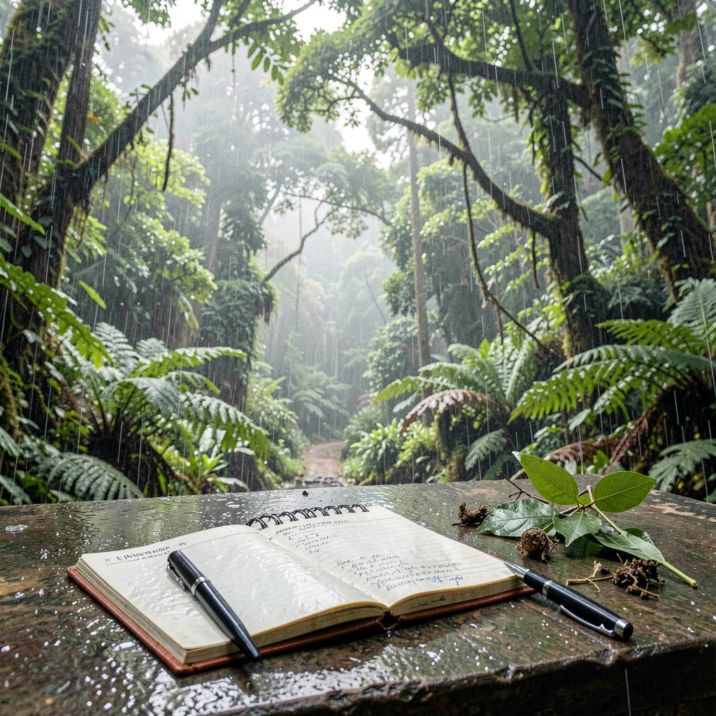 Monteverde cloud forest, filtered canopy light, Researcher notebook open on a we