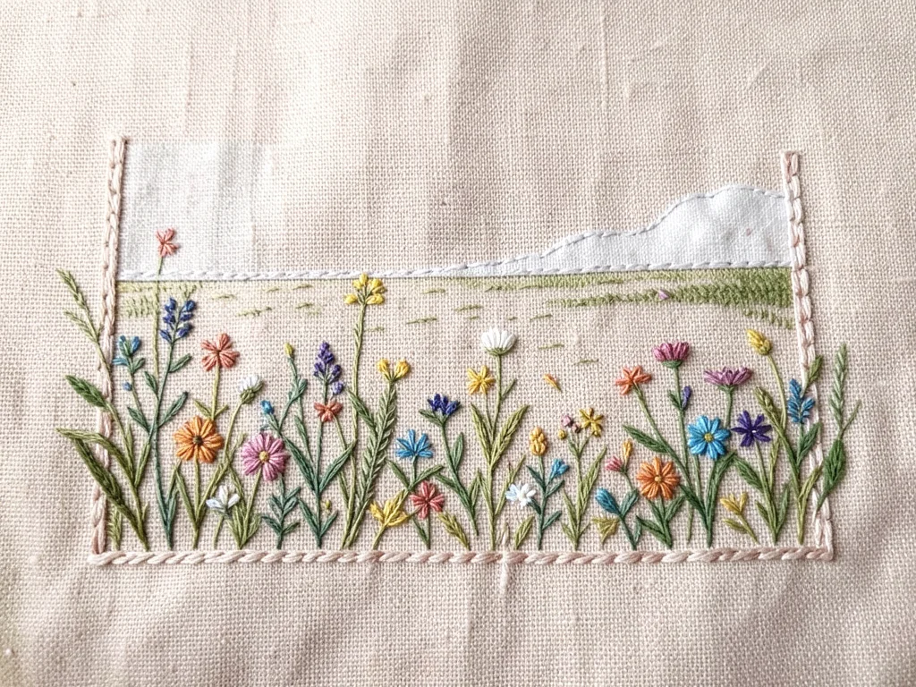 A border wall stretching to the horizon with wildflowers growing at its base