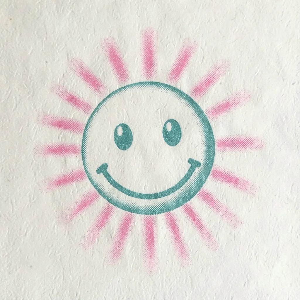 Riso style window-decal design of a smiley sticker with halftone glow rays in pi