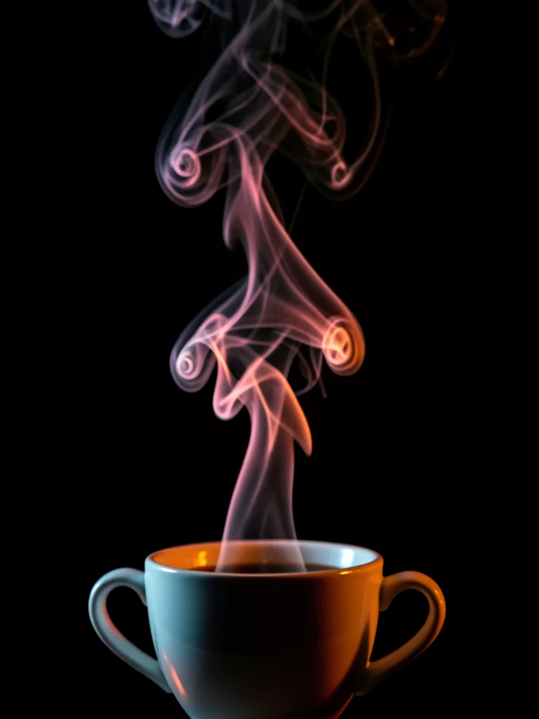 Steam from a coffee cup, the rising column distorting the background behind it, 