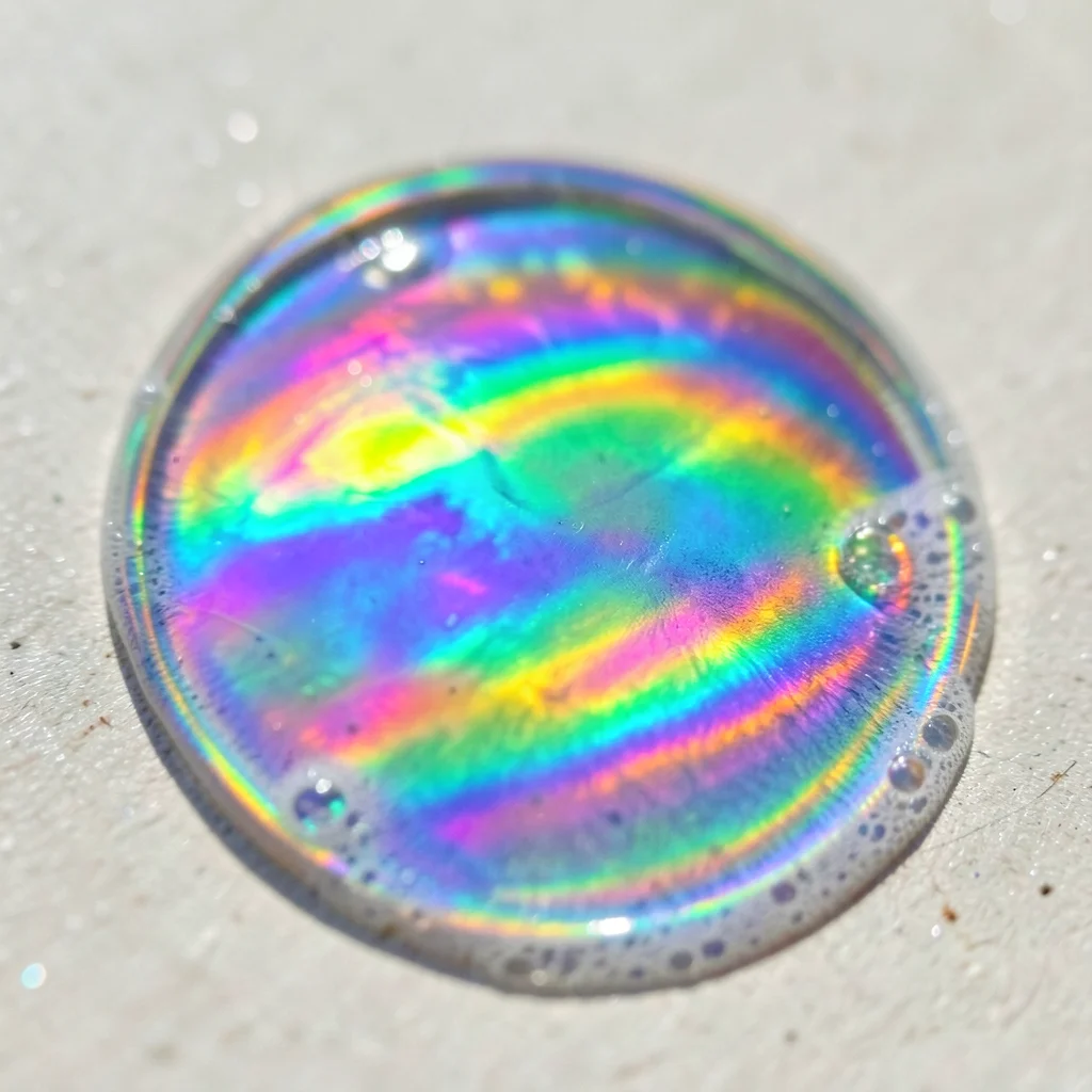 Soap bubble with full rainbow interference pattern, suspended in air
