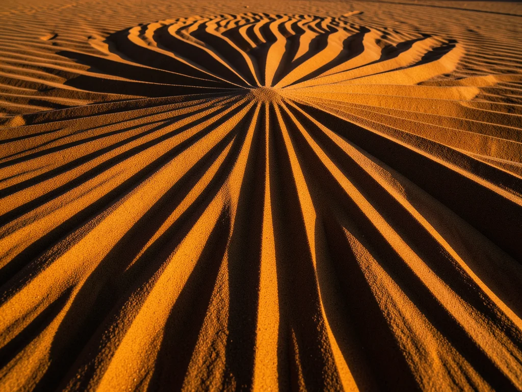 Star dune summit radiating ridges from above, arms extending in multiple wind di