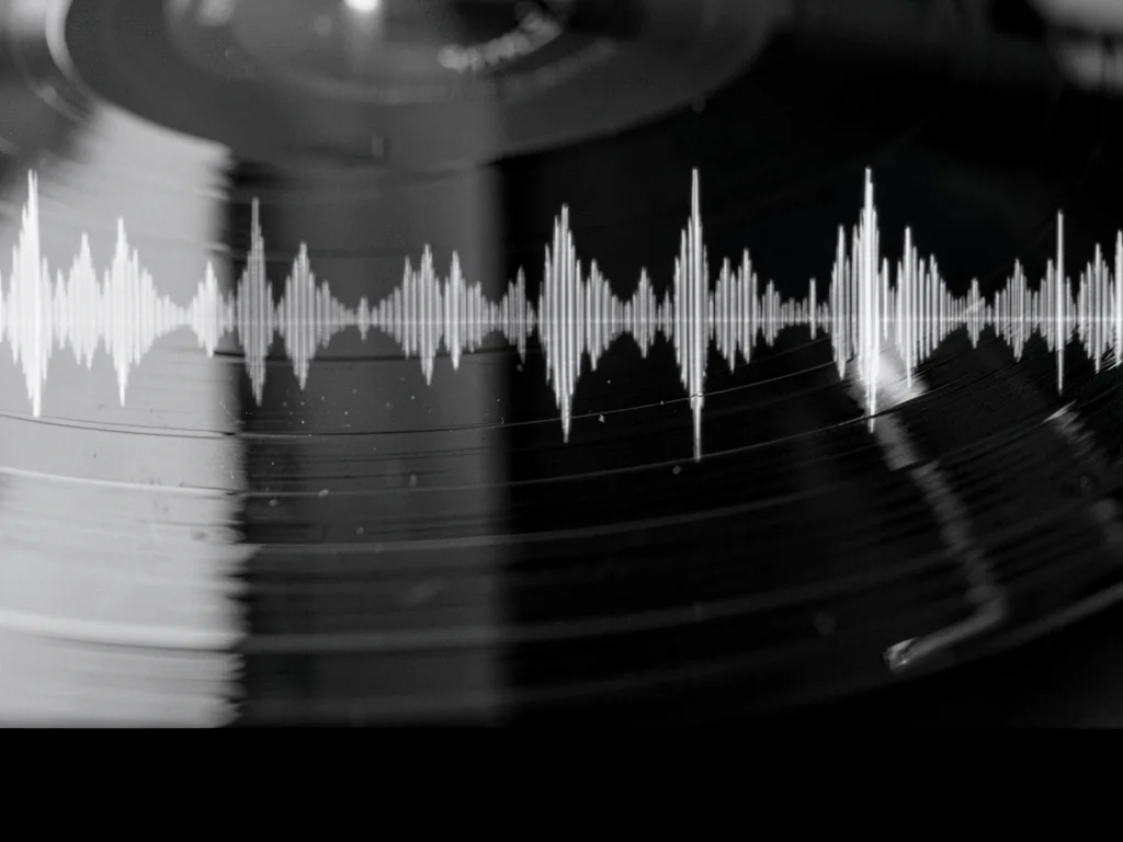 The grooves of a vinyl record at extreme magnification, walls showing actual wav