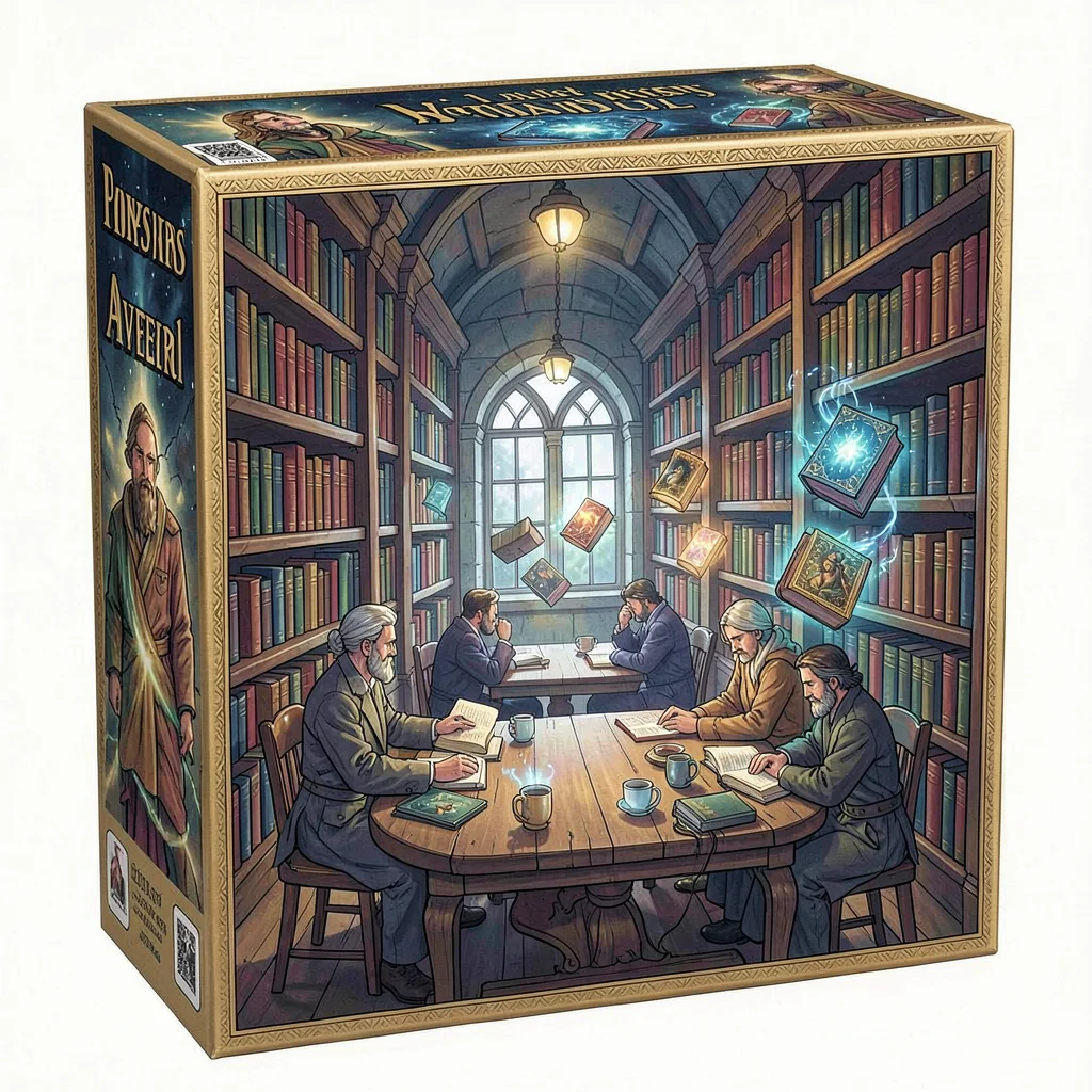 Board game box illustration, an ancient library with towering bookshelves, schol