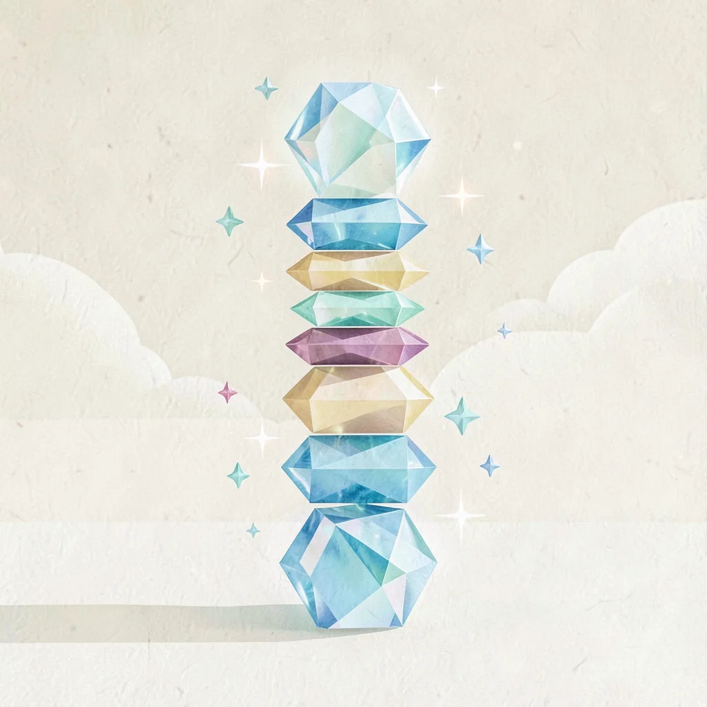 Loading screen composition of a tall stack of gem tiles wobbling like a totem, g
