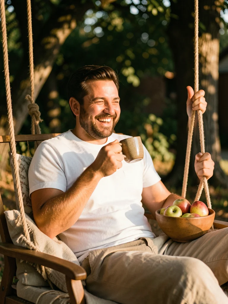 A man in a white t-shirt drinking coffee on a porch swing, a bowl of fruit besid