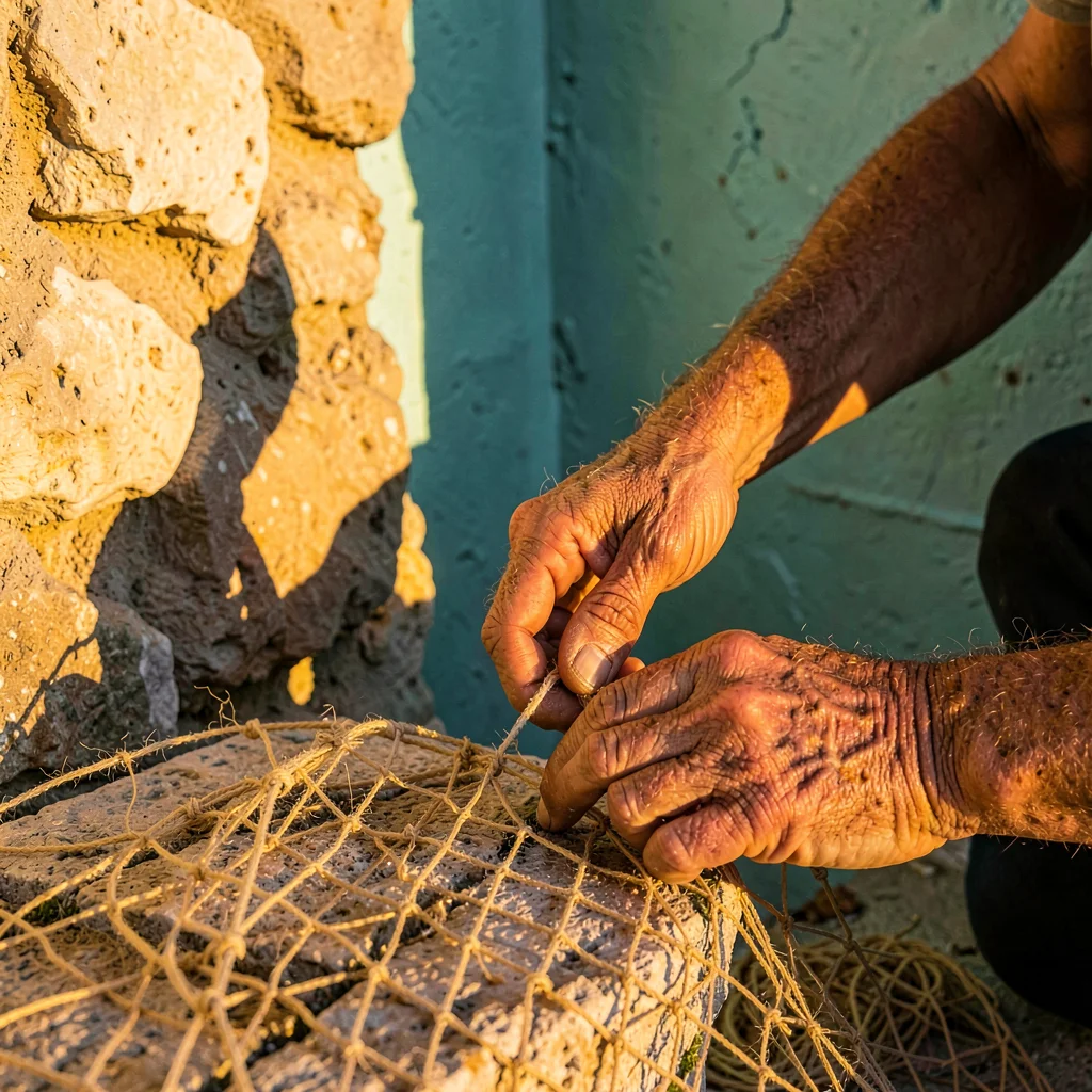 Adriatic limestone warmth, Dubrovnik honey stone, Elderly hands repairing fishin