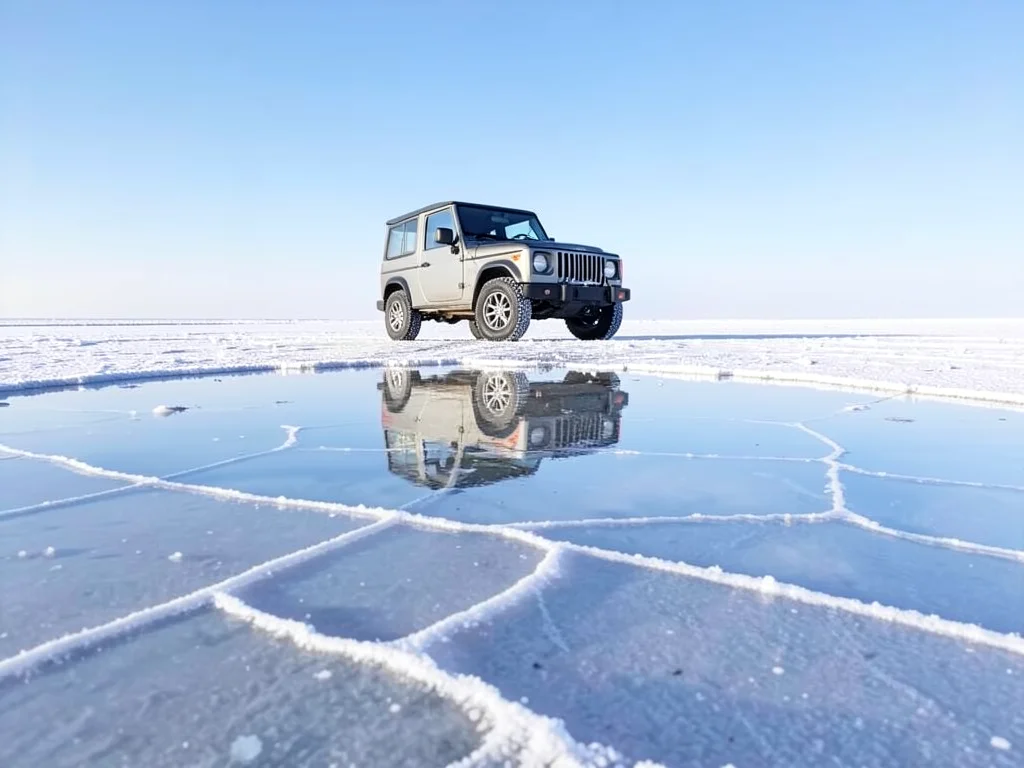 Vehicle parked on salt flat — small 4x4 with the entire sky mirrored beneath it