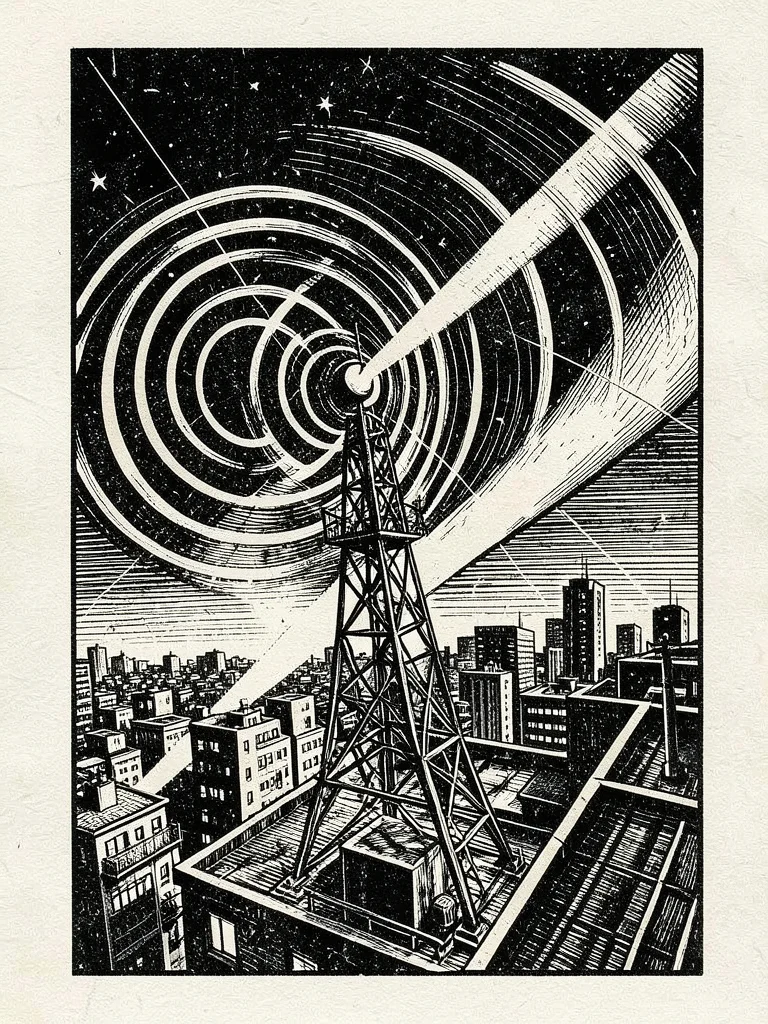A radio tower on a rooftop broadcasting concentric signal waves across a city sk