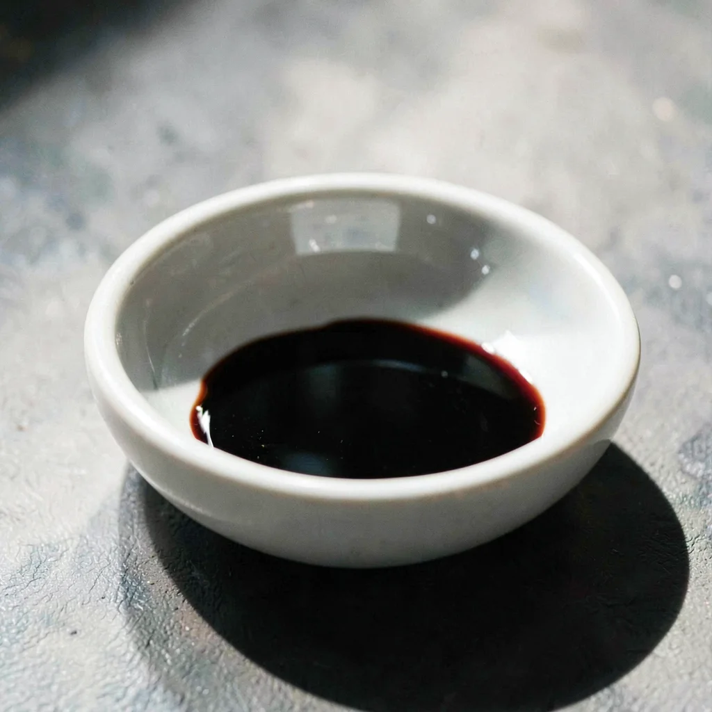 A small porcelain dish with a slow black puddle of balsamic catching one hard ri