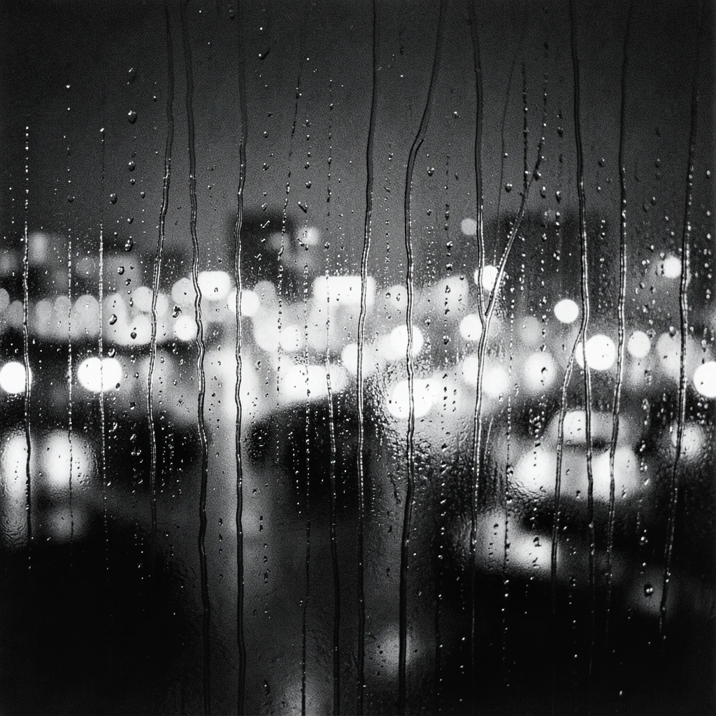 Rain-streaked window with the blurred lights of a city night beyond, individual 