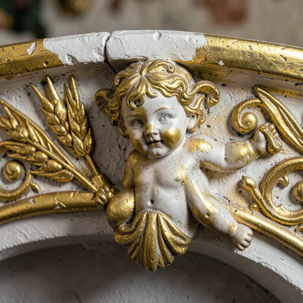 Baroque ornament fragment, Moravian gilt detail, Baptismal font rim detail, carv
