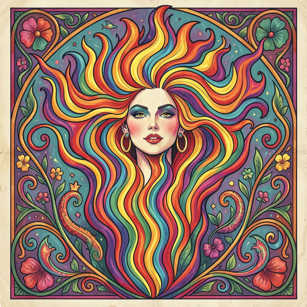 Psychedelic poster illustration, a woman with flowing hair merging into flames ,