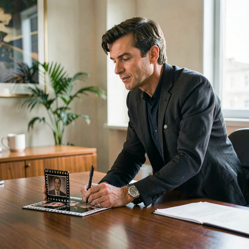 Side portrait of a synch agent leaning over a film still on a meeting table