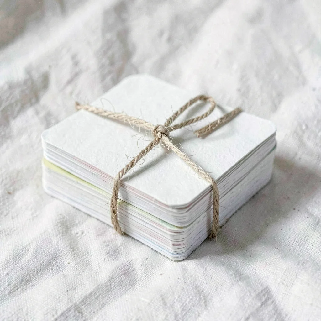 Cut-paper still life of a stack of folded language flashcards bound with twine, 