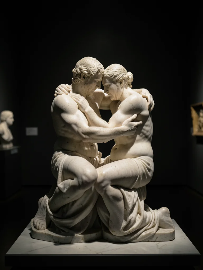 Two figures embracing, their forms merging at the contact points, the negative s