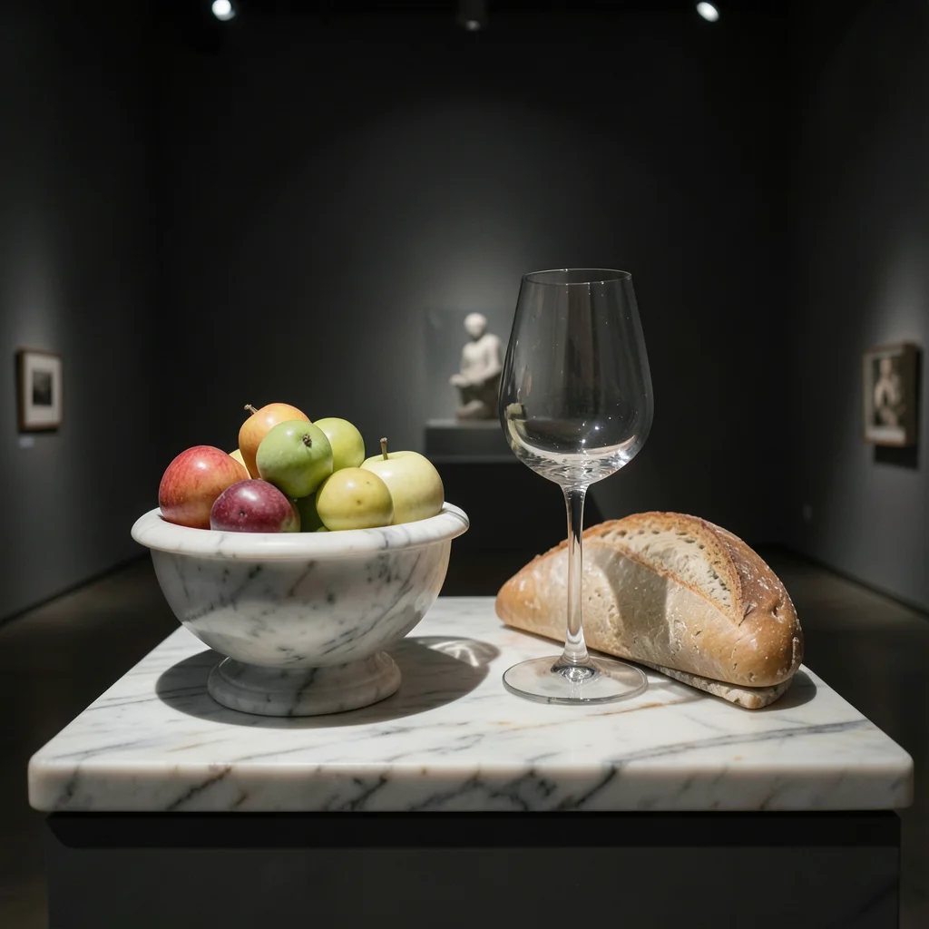 A marble still life: fruit bowl, wine glass, and bread, each object carved from 