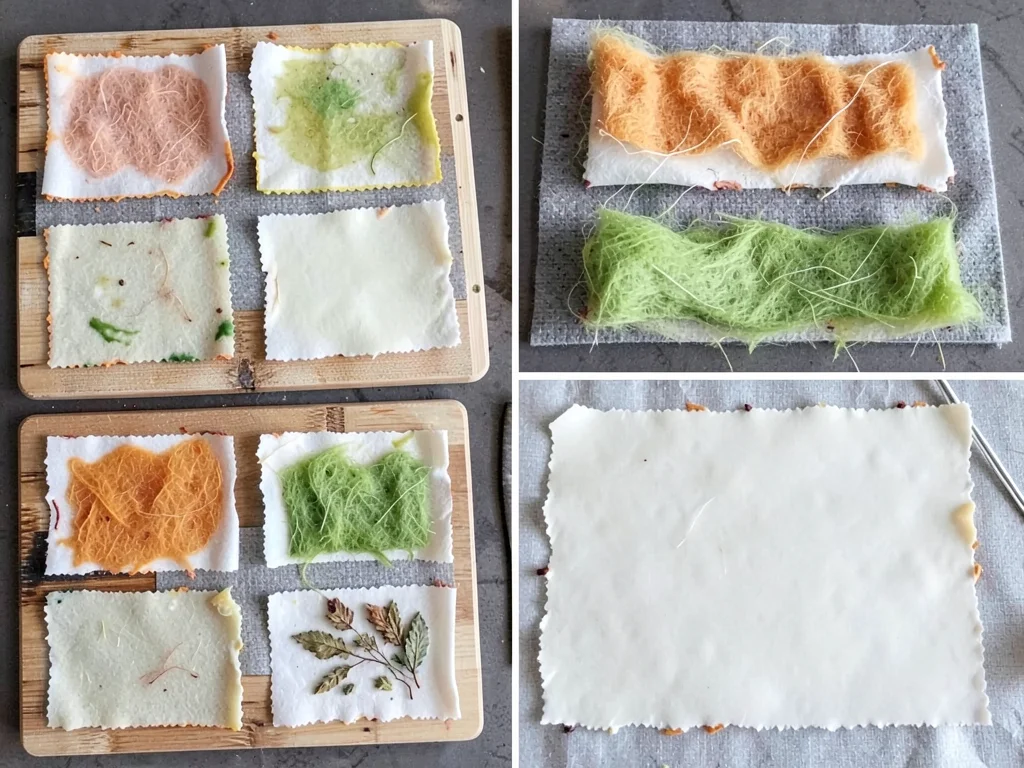 An overhead view of multiple small test sheets in varying pulp colors drying on 