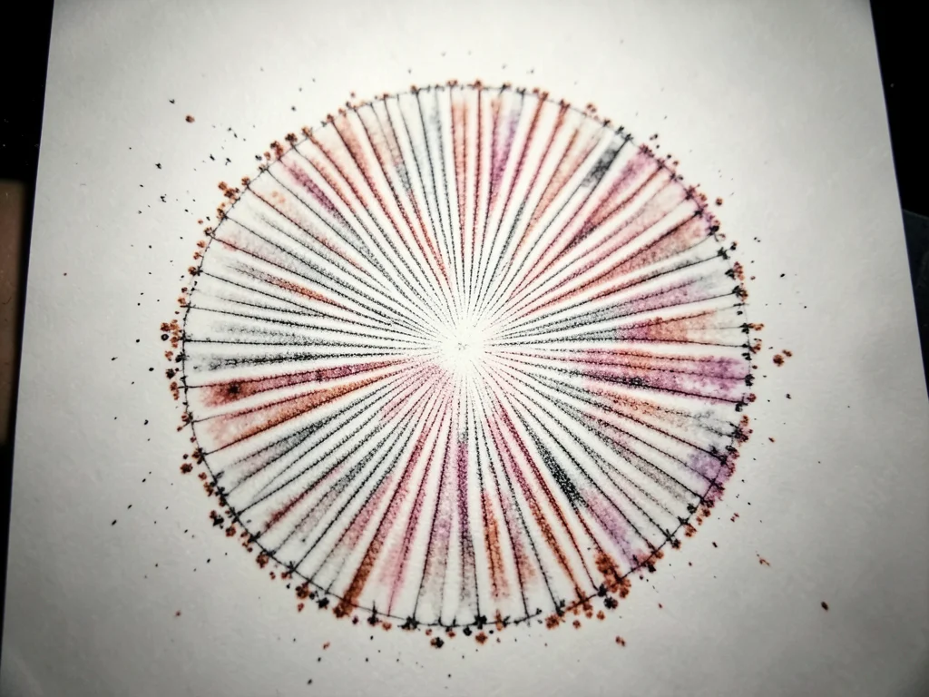 Spore print on glass slide, backlit to show translucent pigment deposit, individ