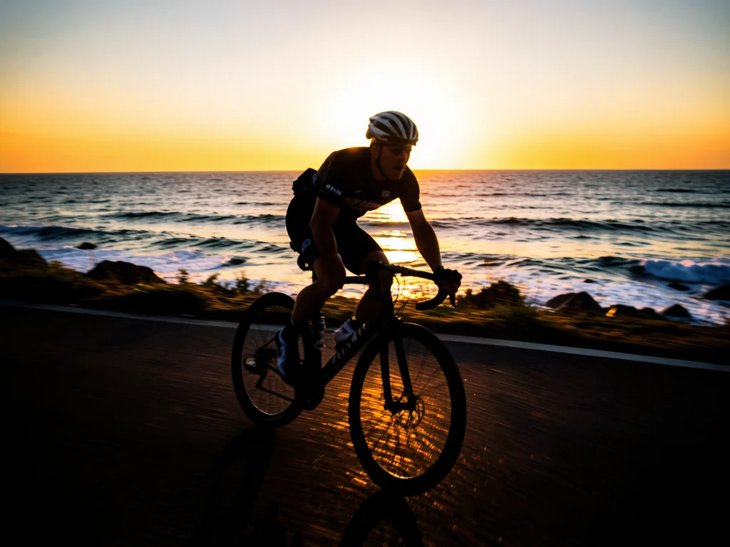 Cyclist riding along a coastal road at sunrise, silhouetted against the ocean