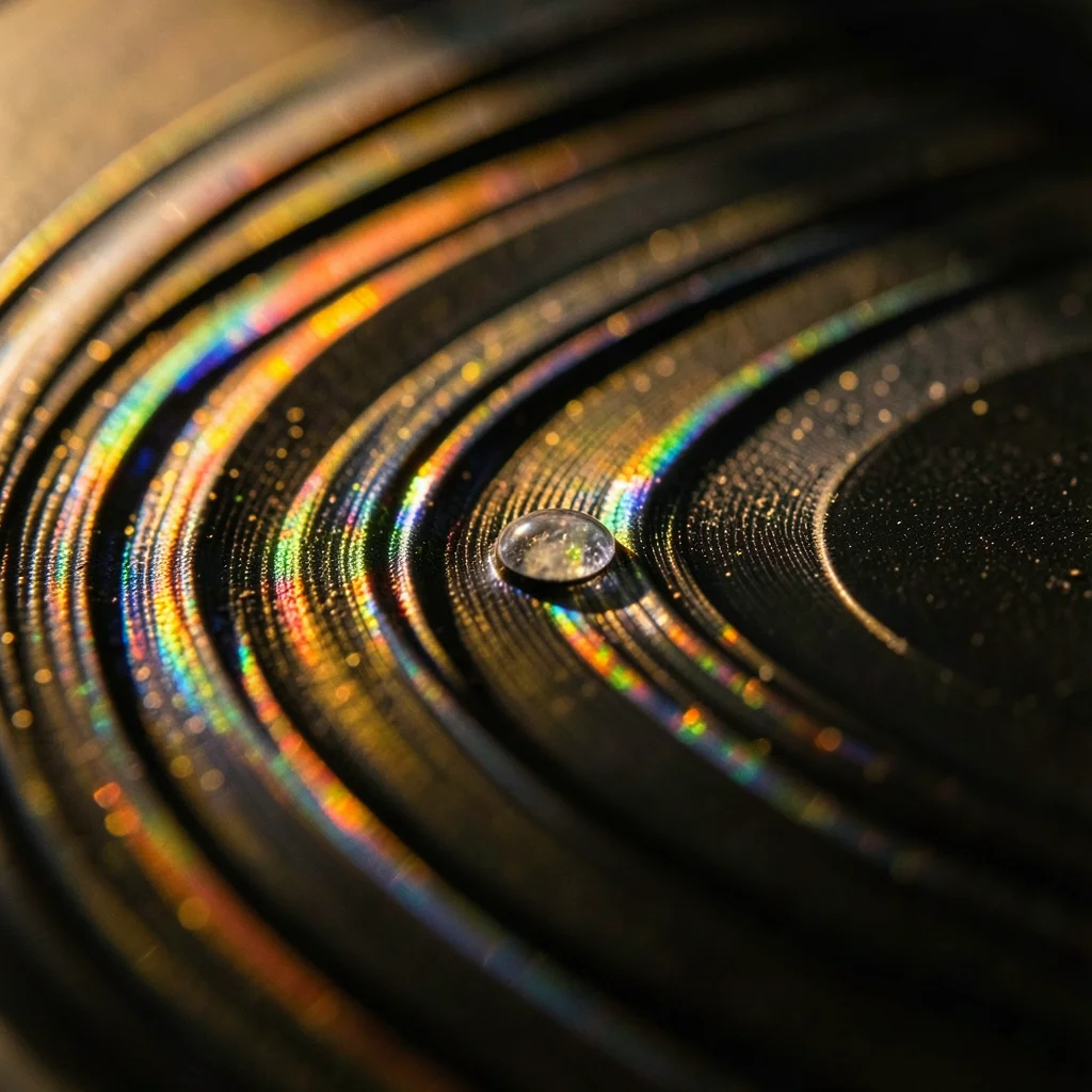 Vinyl pressing defect, small bubble in vinyl surface disrupting groove continuit