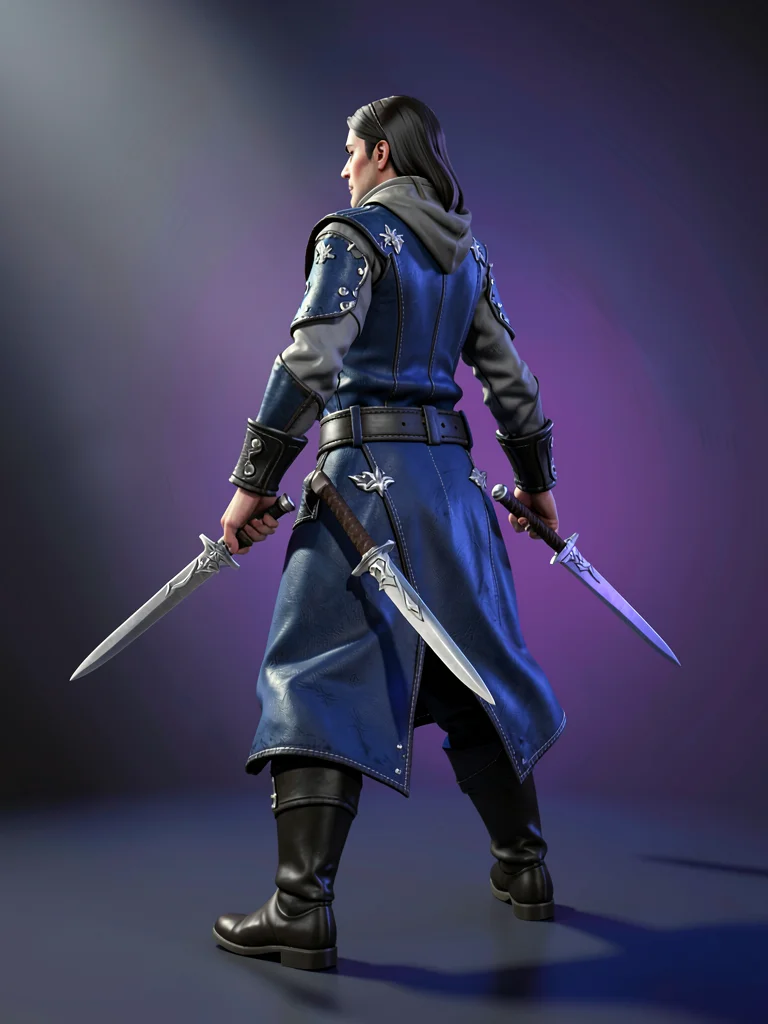 Twilight ranger in indigo-dyed leather with silver-leaf clasps, twin daggers rev