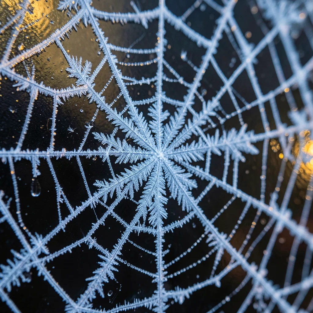 Frost forming on a spider web, ice beading along each silk strand, geometric web
