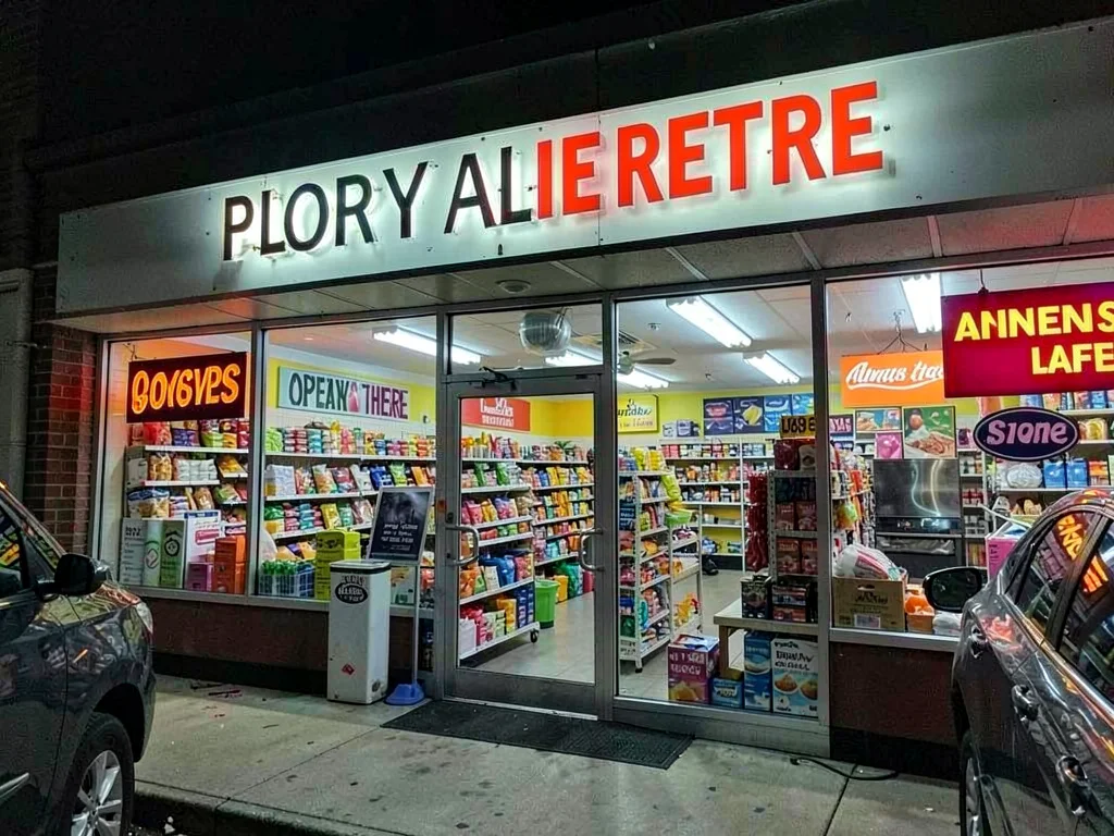 Store exterior at night, fluorescent glow through windows, open late, always the