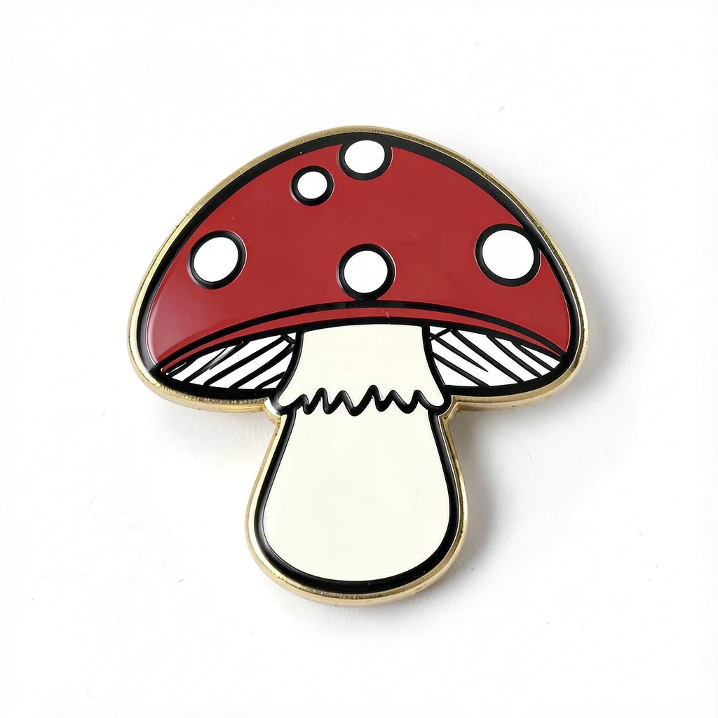Enamel pin illustration, Mushroom with red spotted cap , bold simple design, lim
