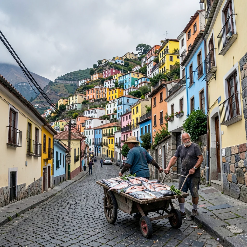 Valparaiso hillside color, painted houses climbing, Street vendor selling fresh 