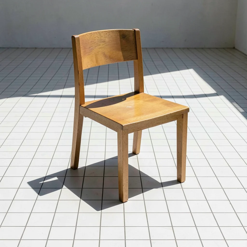 Single wooden chair casting geometric shadow on grid-tiled floor, midday light