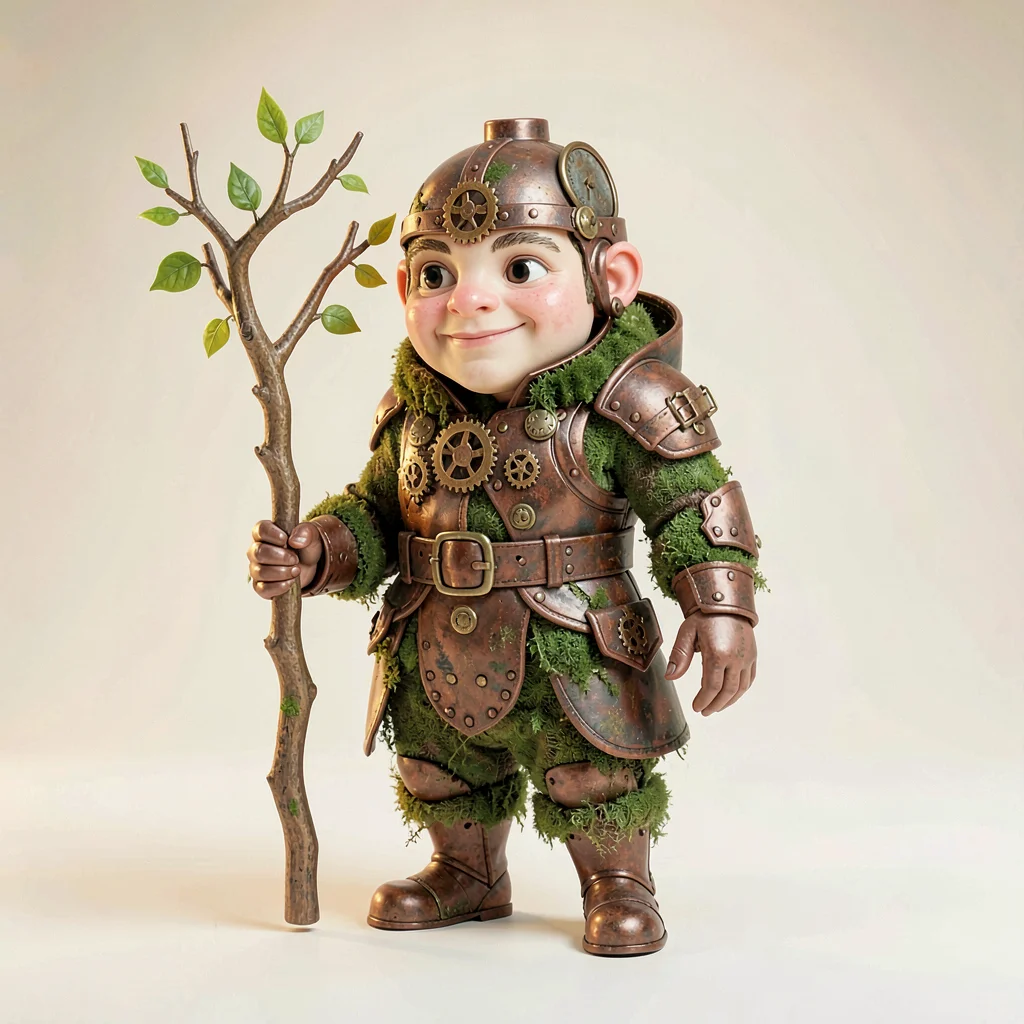Whimsical illustrated portrait of a moss-druid character with a sapling staff