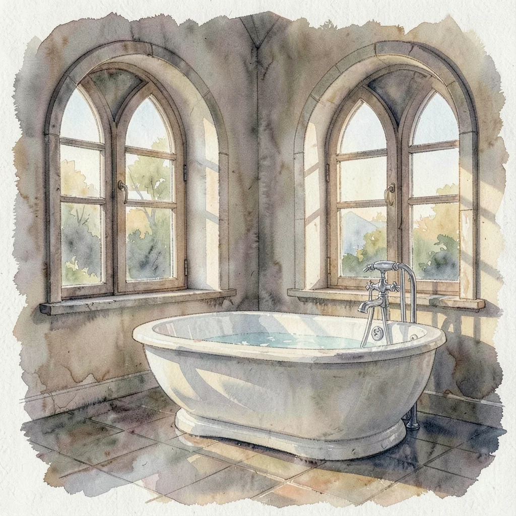 Soft wash of a bathing chamber with arched windows and a freestanding tub, late 