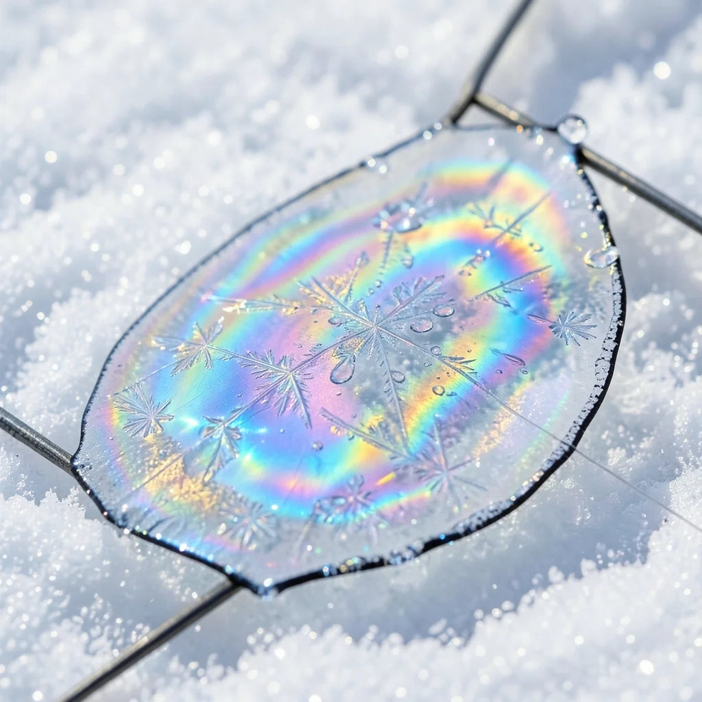 Frozen soap bubble on snow, crystallization patterns forming across the icy soap