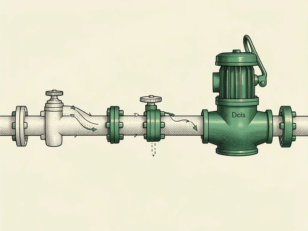Diagrammed pipeline with valves and stippled flow indicators cuts horizontally a