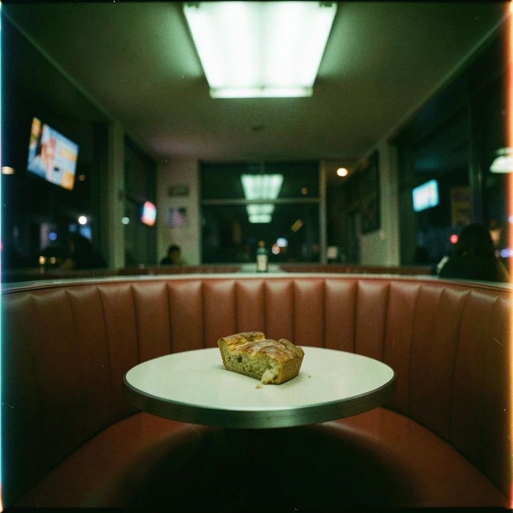 A diner booth at midnight, red vinyl seats, a half-eaten slice of pie, fluoresce