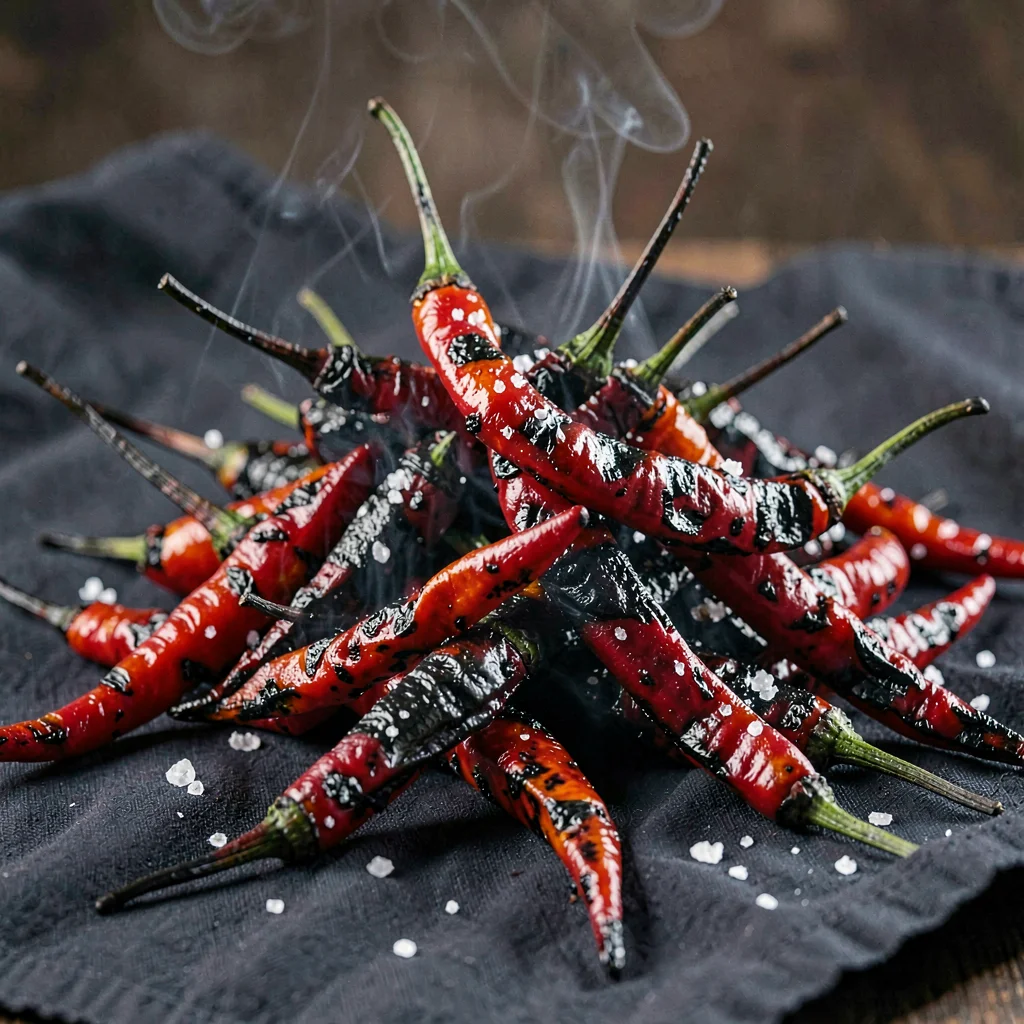 Heap of charred shishito peppers tumbled onto dark linen, blistered skins still 