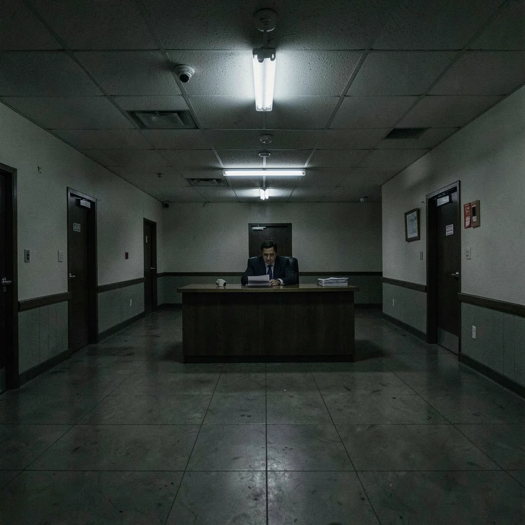 Empty hotel lobby at 3am with night auditor at desk