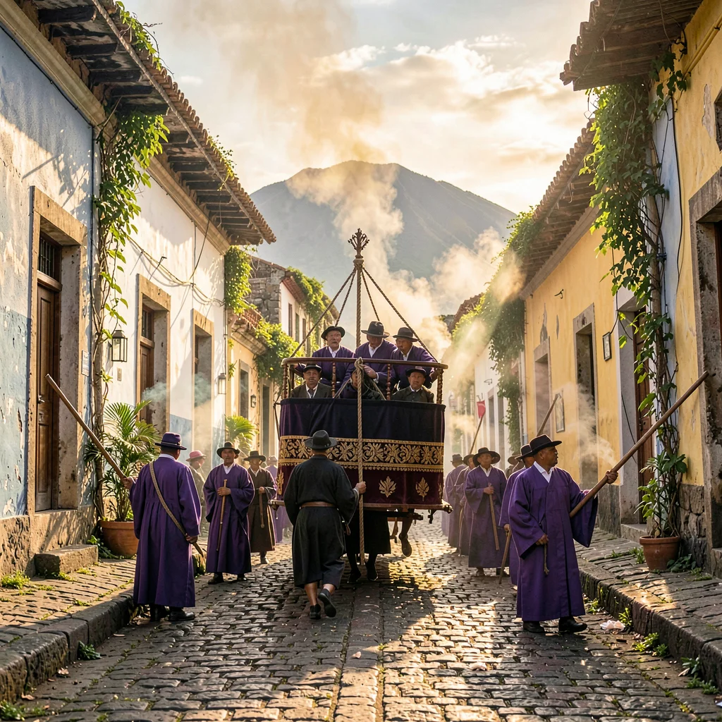 Volcano-framed colonial streets of Antigua Guatemala, Procession bearers in purp