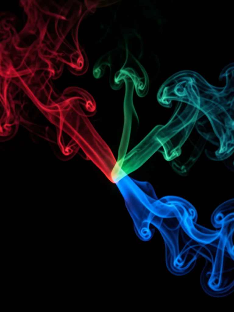 Three colors of smoke — red, green, blue — each from a separate source, convergi
