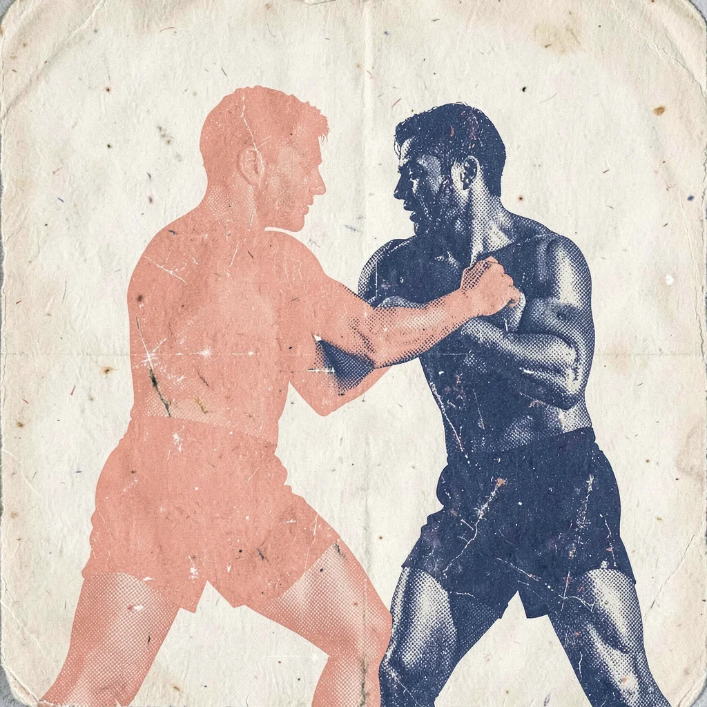 Bold two-color riso poster of two wrestlers in a clinch silhouette in coral and 