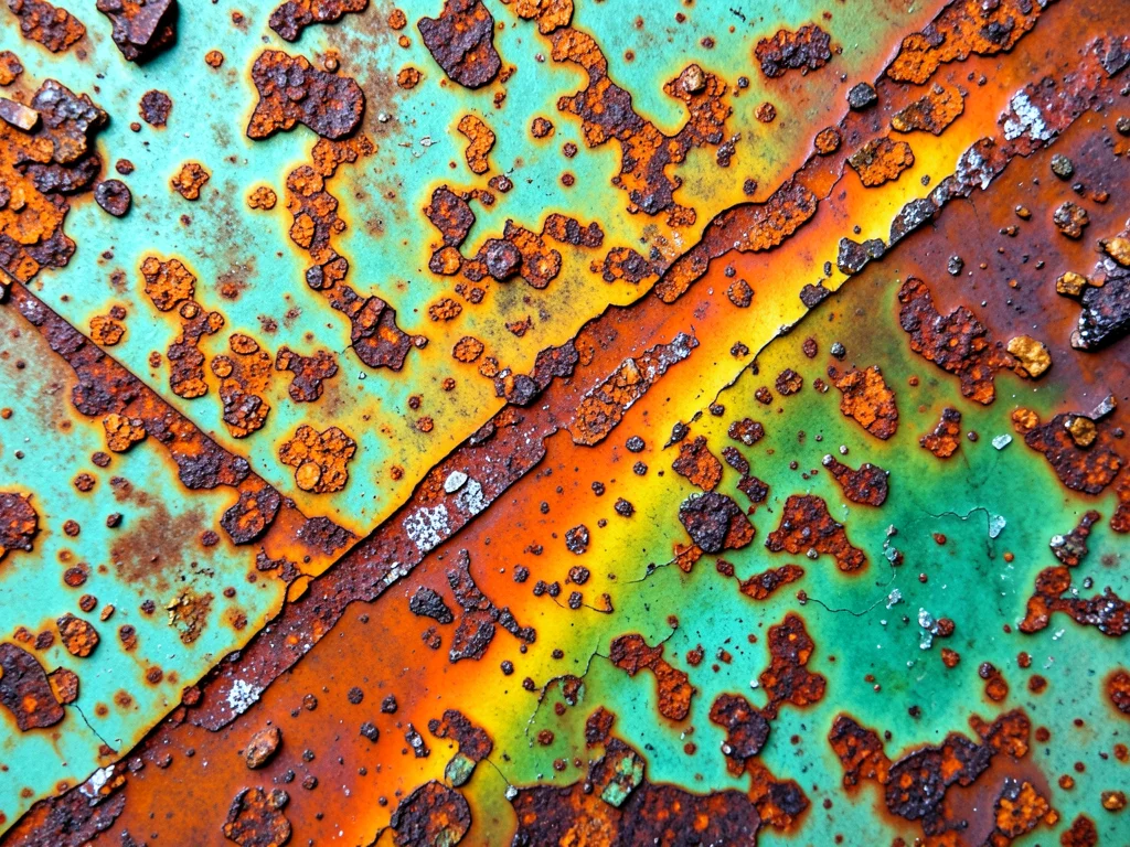 Rainbow of metal oxidation states arranged in gradient, iron to copper to brass