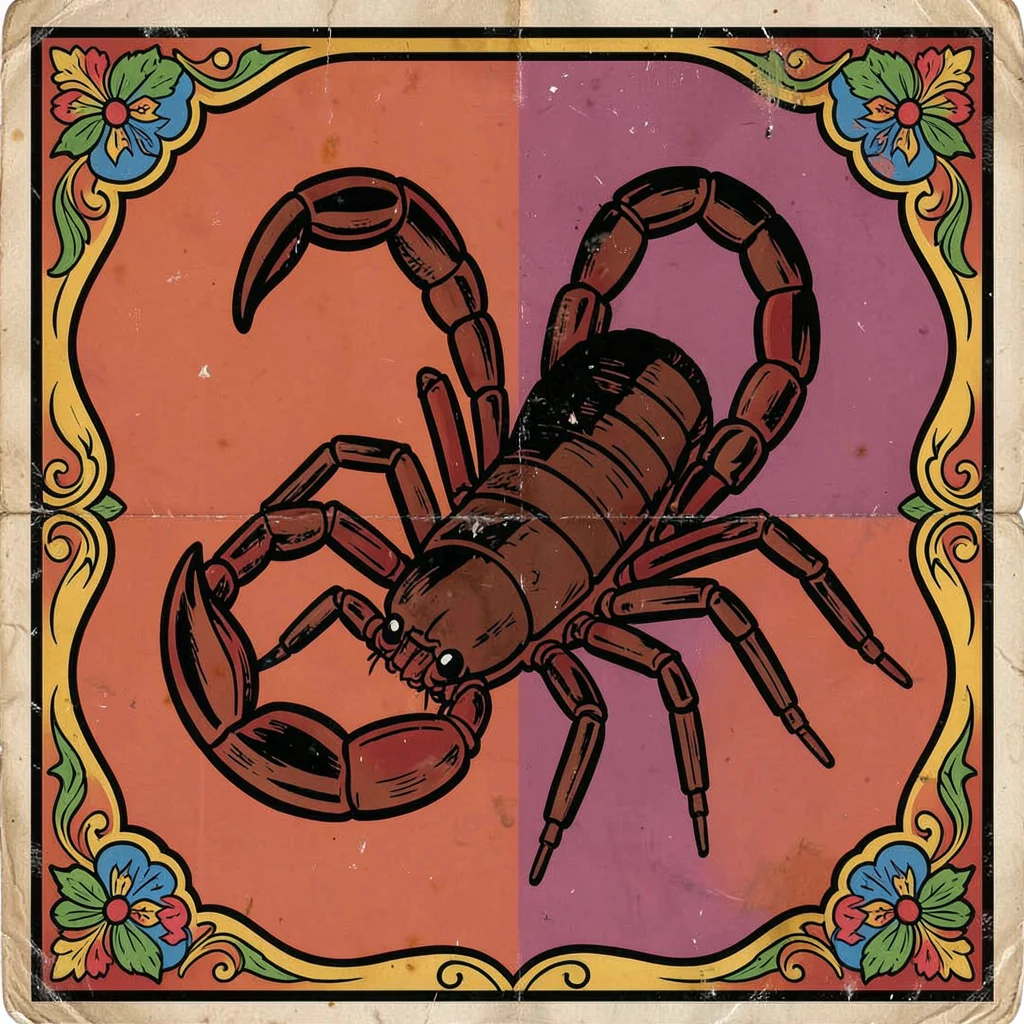 Mexican lotería card illustration, a scorpion with its tail curved and ready , b