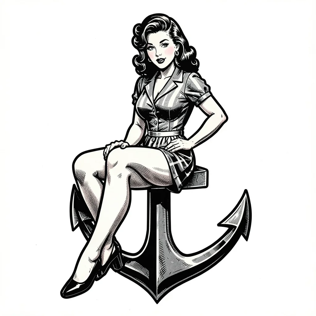 Traditional tattoo flash illustration, Pin-up girl sitting on anchor , bold blac