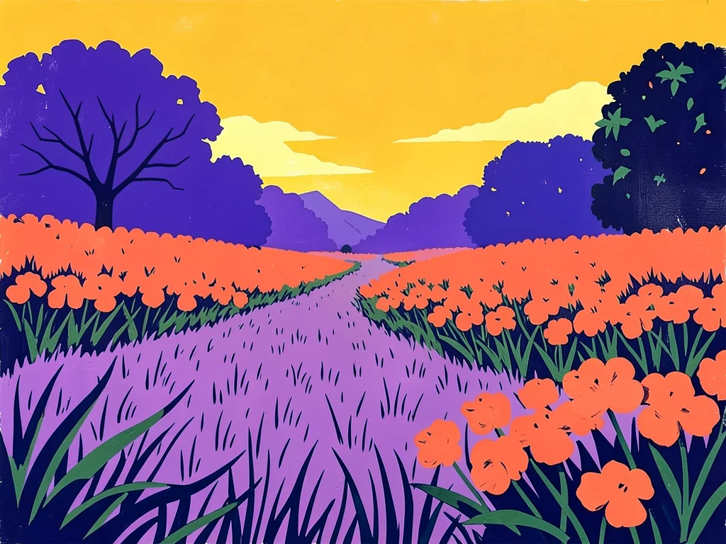 Garden in summer: grass in purple, sky in warm yellow, flower beds in flat coral