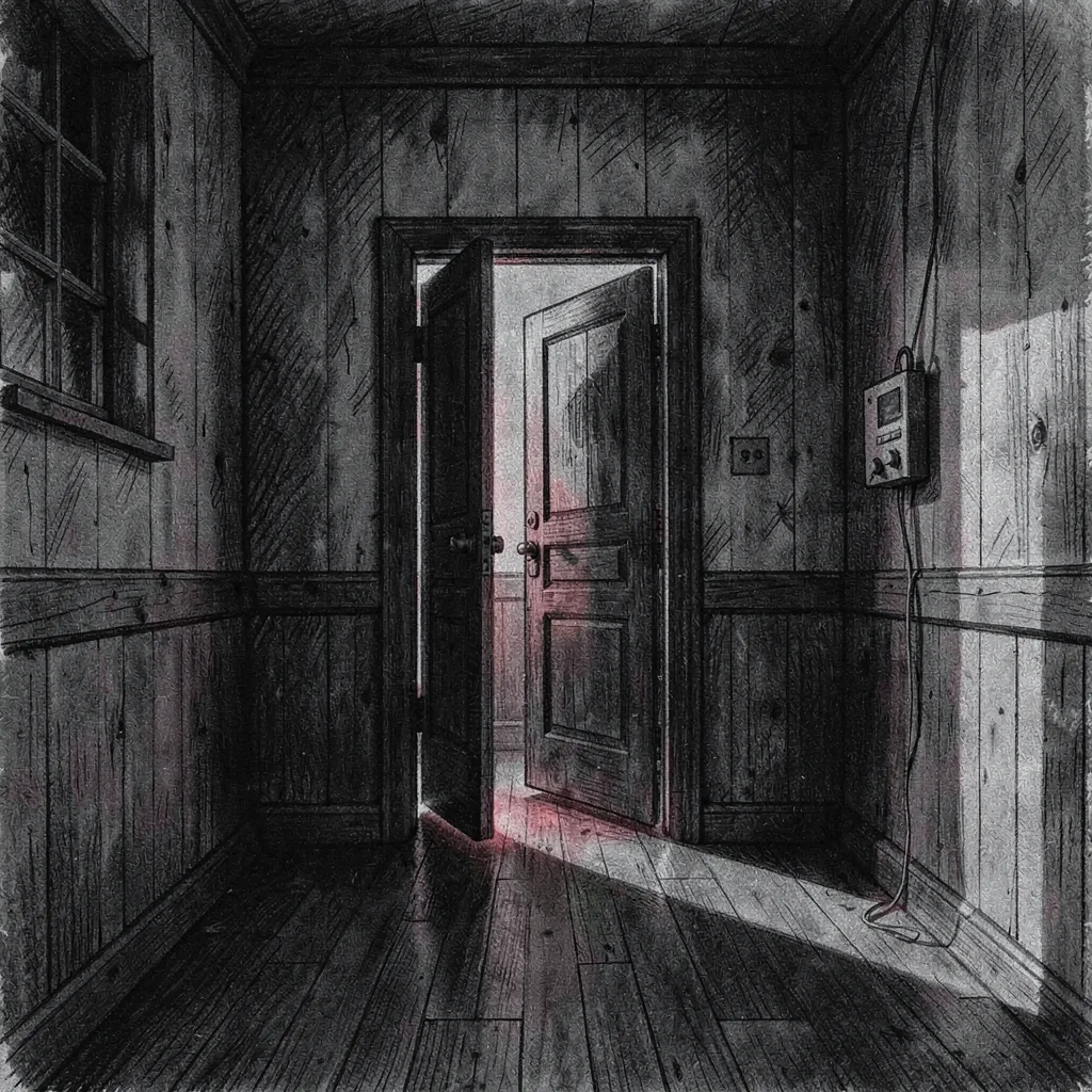 Moody charcoal of a darkroom door slightly ajar, faint red glow leaking out, dee