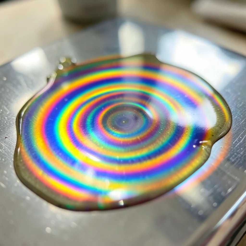 Motor oil drip on chrome surface, rainbow thin film spreading in concentric ring
