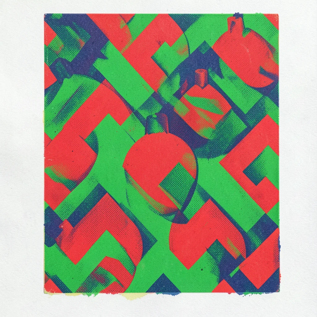 Holiday ornaments in Memphis design pattern, bold zigzags, dayglo red and green