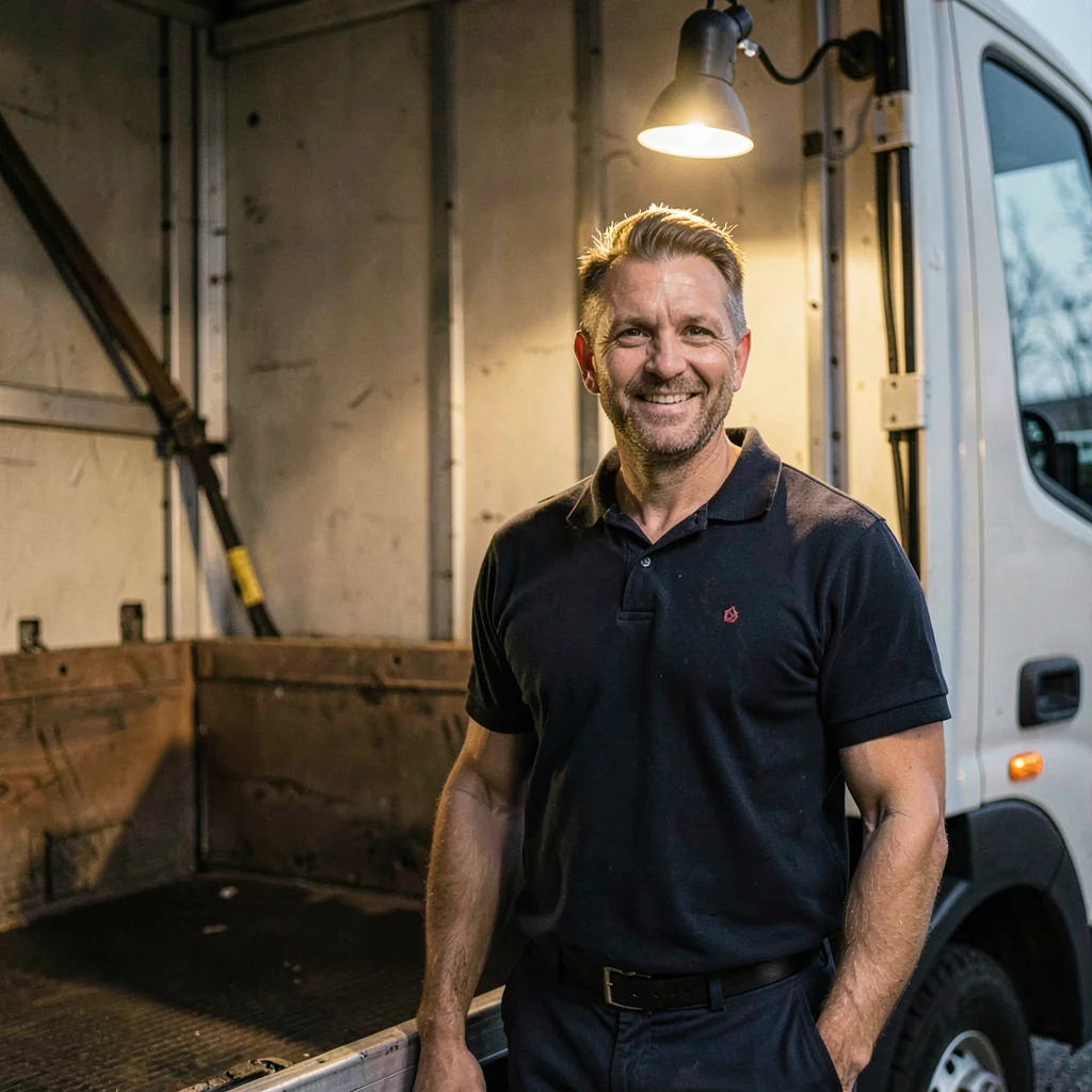 Lamp-lit portrait of a mover in a uniform polo standing beside an open truck, so